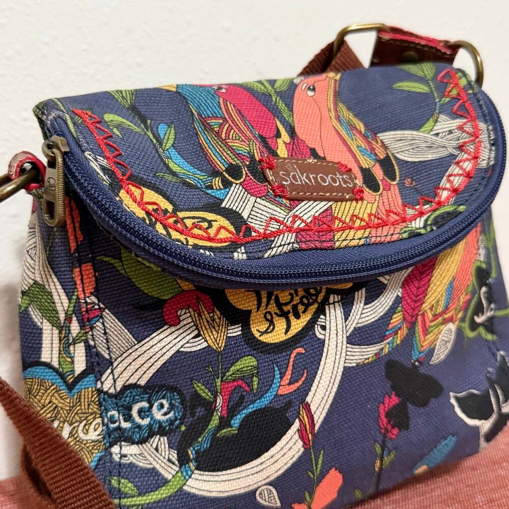 Sakroots Flap Crossbody Bag One World Bird Graphic Canvas Navy Blue 8"